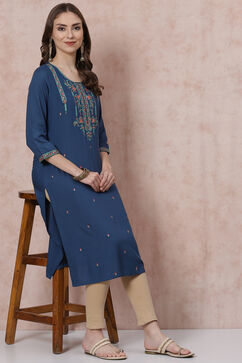 Teal Blue LIVA Straight Kurta image number 5